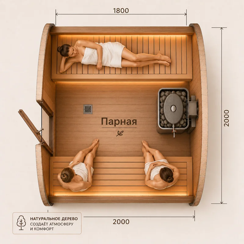 Планировка парной бани-бочки 2 метра: размеры 2000 × 1750 мм